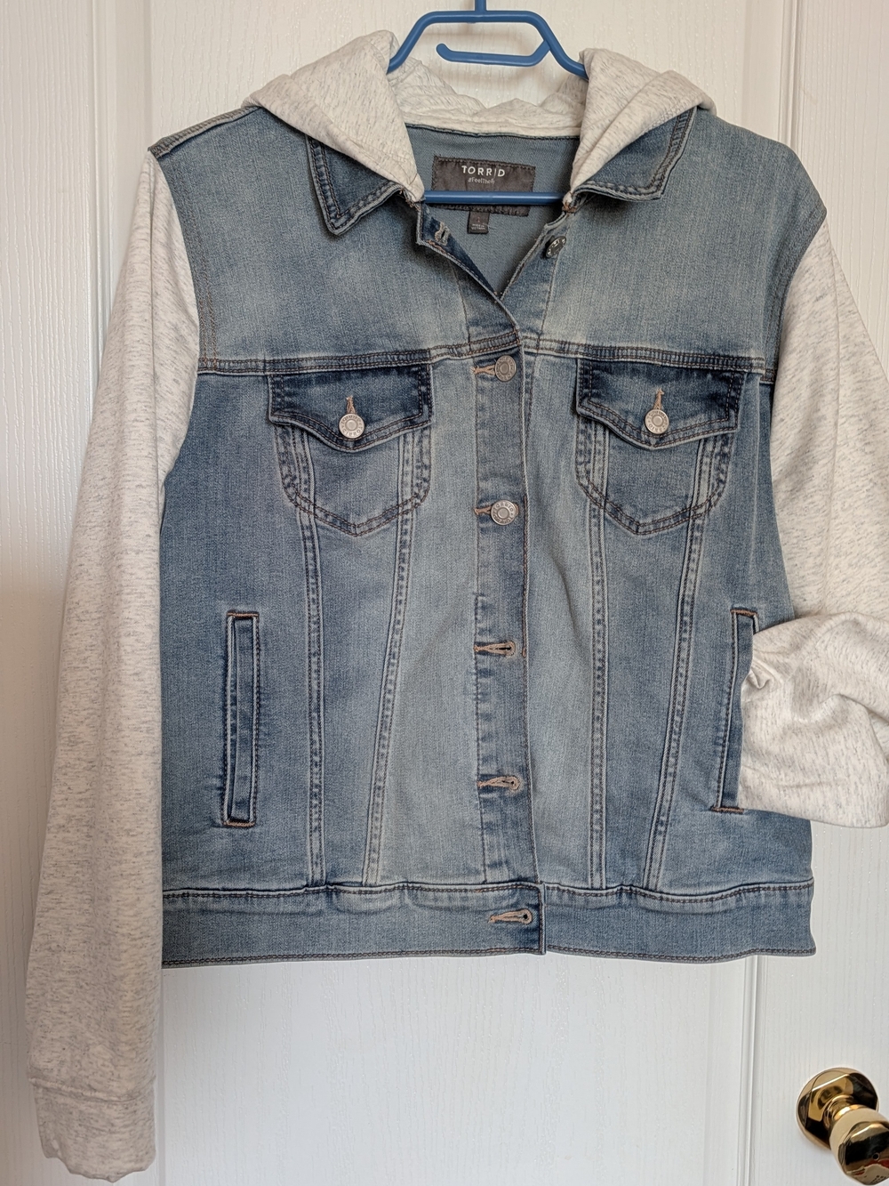 torrid Light Blue Denim Jacket with Heather Gray Hoodie and Sleeves